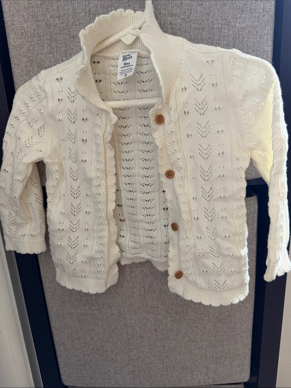 Baby Girl Cardigan- Cream Eyelet Knit Scallop-Trim